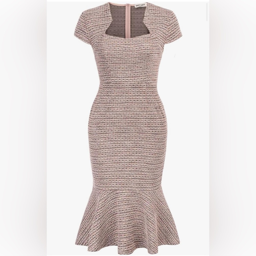 Cap Sleeve Fishtail Midi Tweed Bodycon Dress